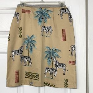 Zebra Tropical Palm Trees Novelty Print Tan Cotton Skirt Sz XXS Petite